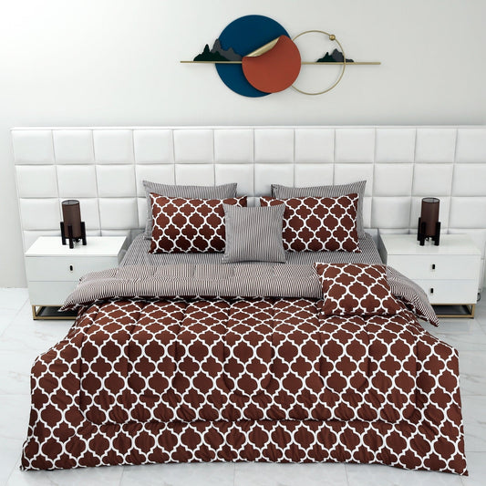 8 PCs Winter Comforter Set-Brown Geometric Comforters Apricot   