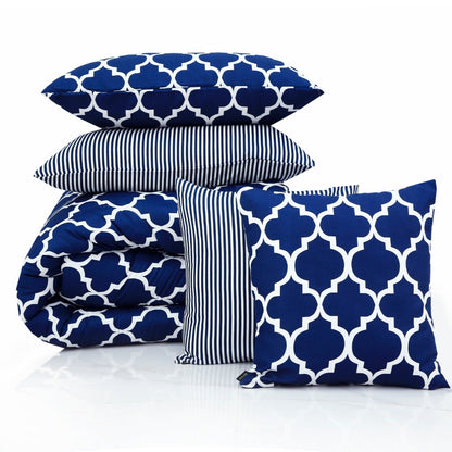 8 PCs Winter Comforter Set-Blue Geometric Comforters Apricot   