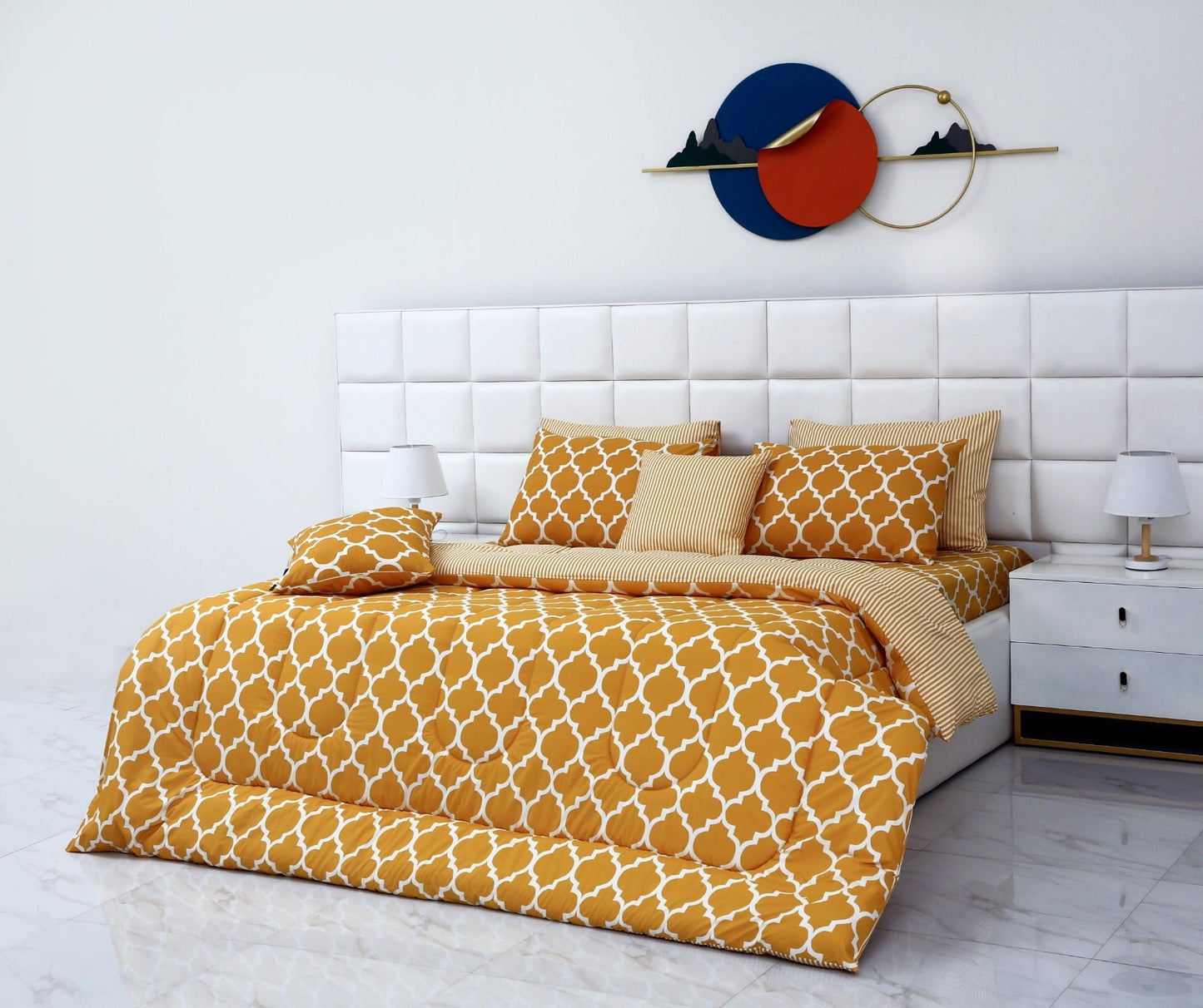 8 PCs Winter Comforter Set-Mustard Geometric Comforters Apricot   