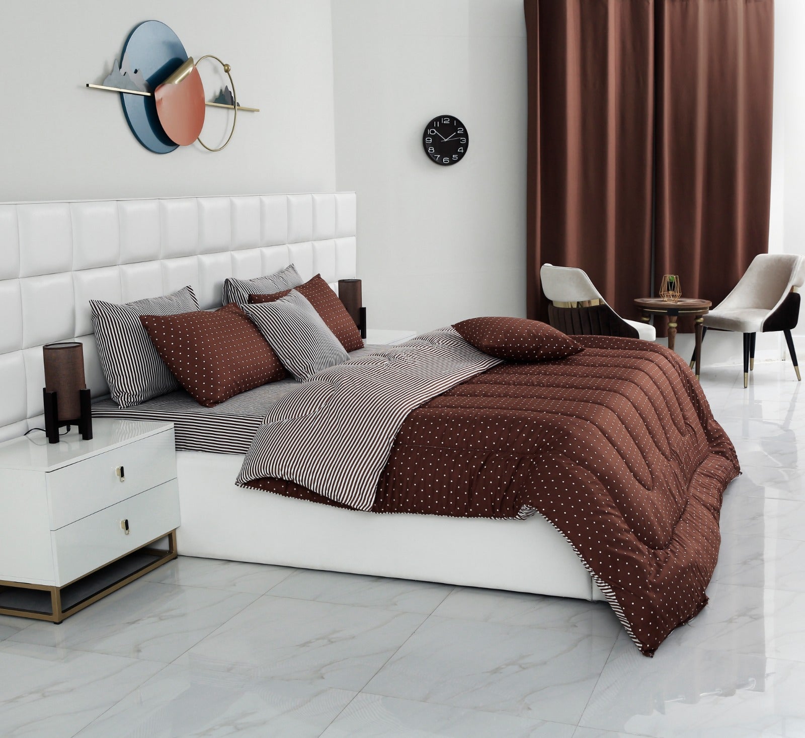 8 PCs Winter Comforter Set-Brown Polka Comforters Apricot   
