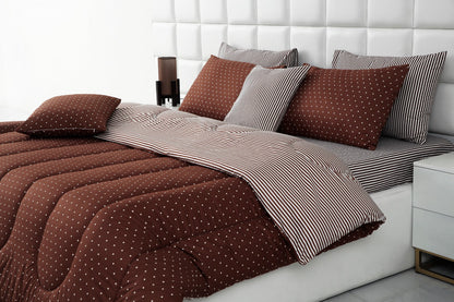 8 PCs Winter Comforter Set-Brown Polka Comforters Apricot   