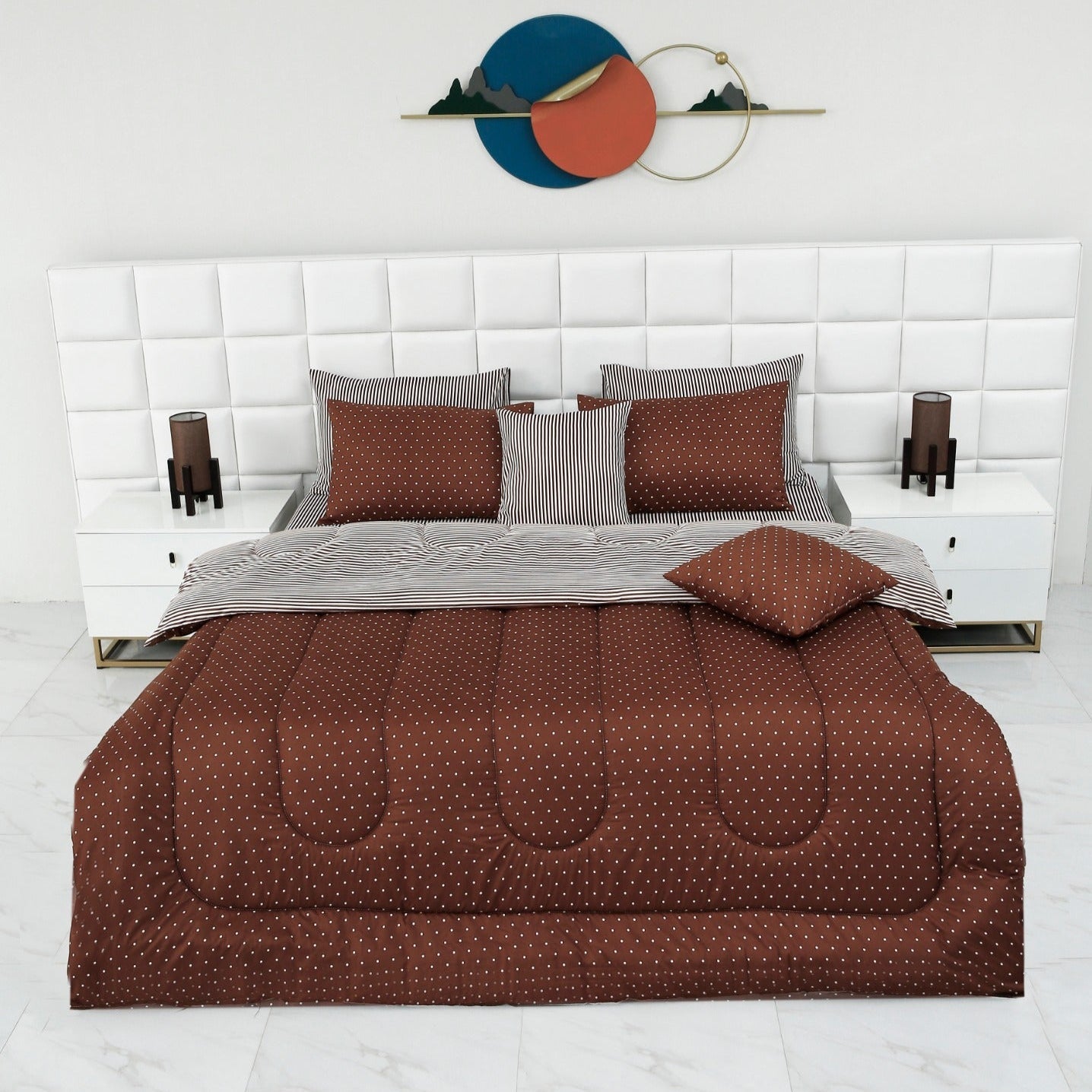 8 PCs Winter Comforter Set-Brown Polka Comforters Apricot   