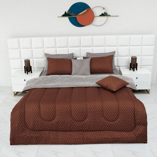 8 PCs Winter Comforter Set-Brown Polka Comforters Apricot   