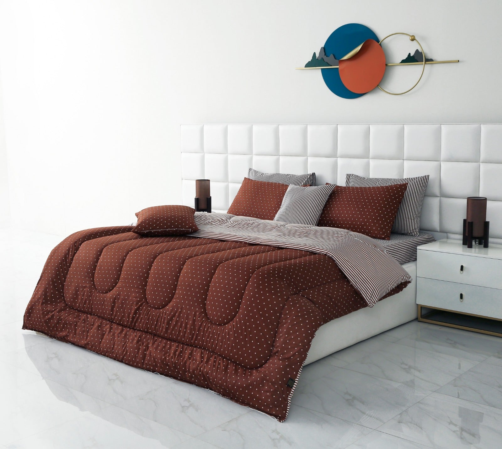 8 PCs Winter Comforter Set-Brown Polka Comforters Apricot   