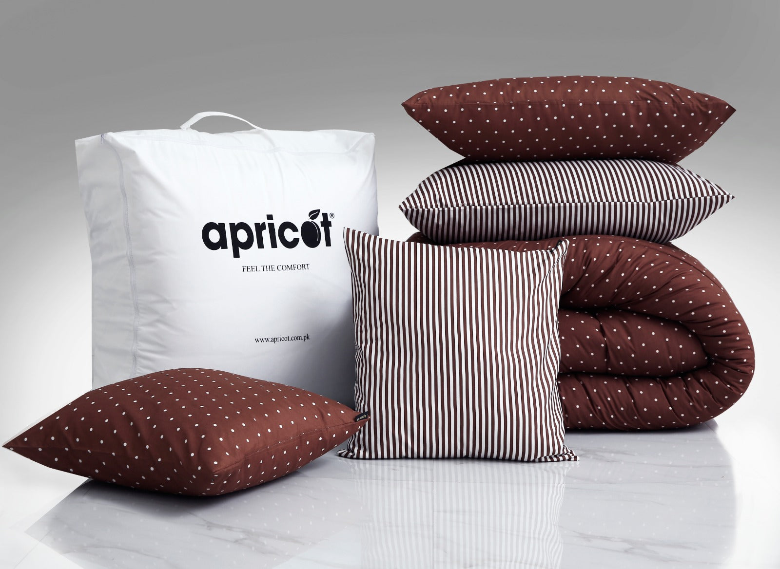 8 PCs Winter Comforter Set-Brown Polka Comforters Apricot   