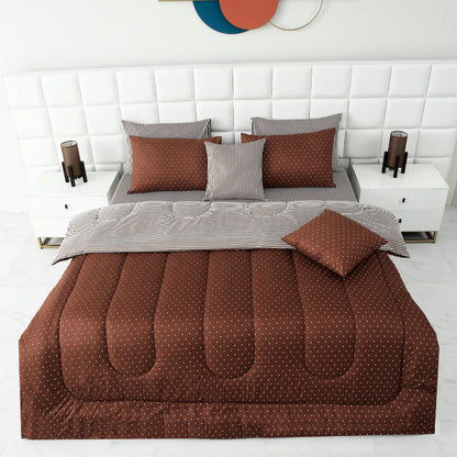 8 PCs Winter Comforter Set-Brown Polka Comforters Apricot   