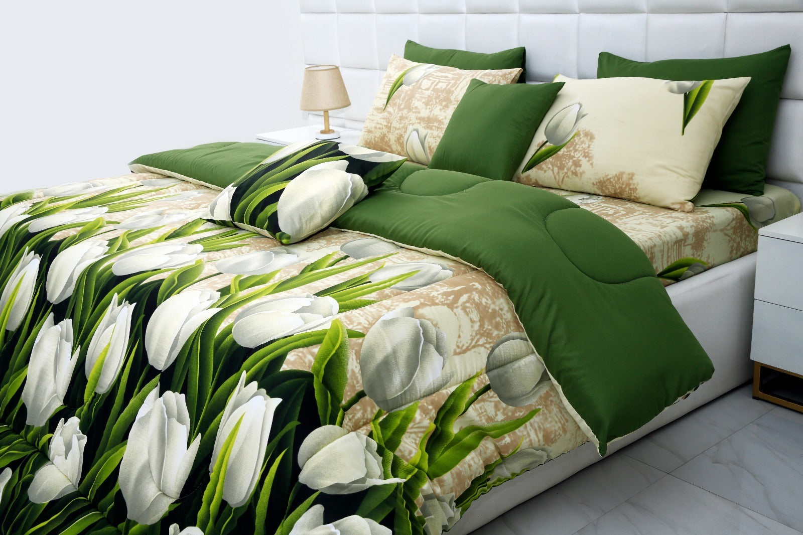 5 PCs Single Comforter Set-Green Tulip Comforters Apricot
