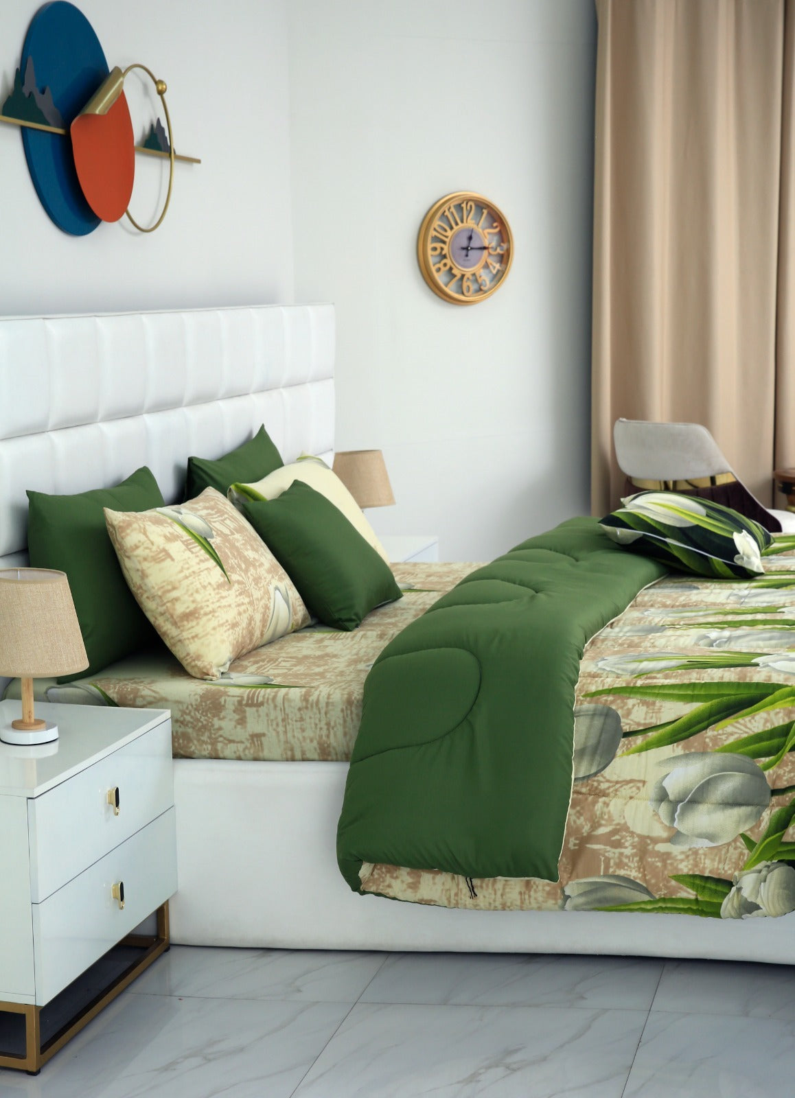 8 PCs Winter Razai Set-Tulip Green Comforters Apricot