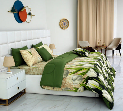 8 PCs Winter Razai Set-Tulip Green Comforters Apricot