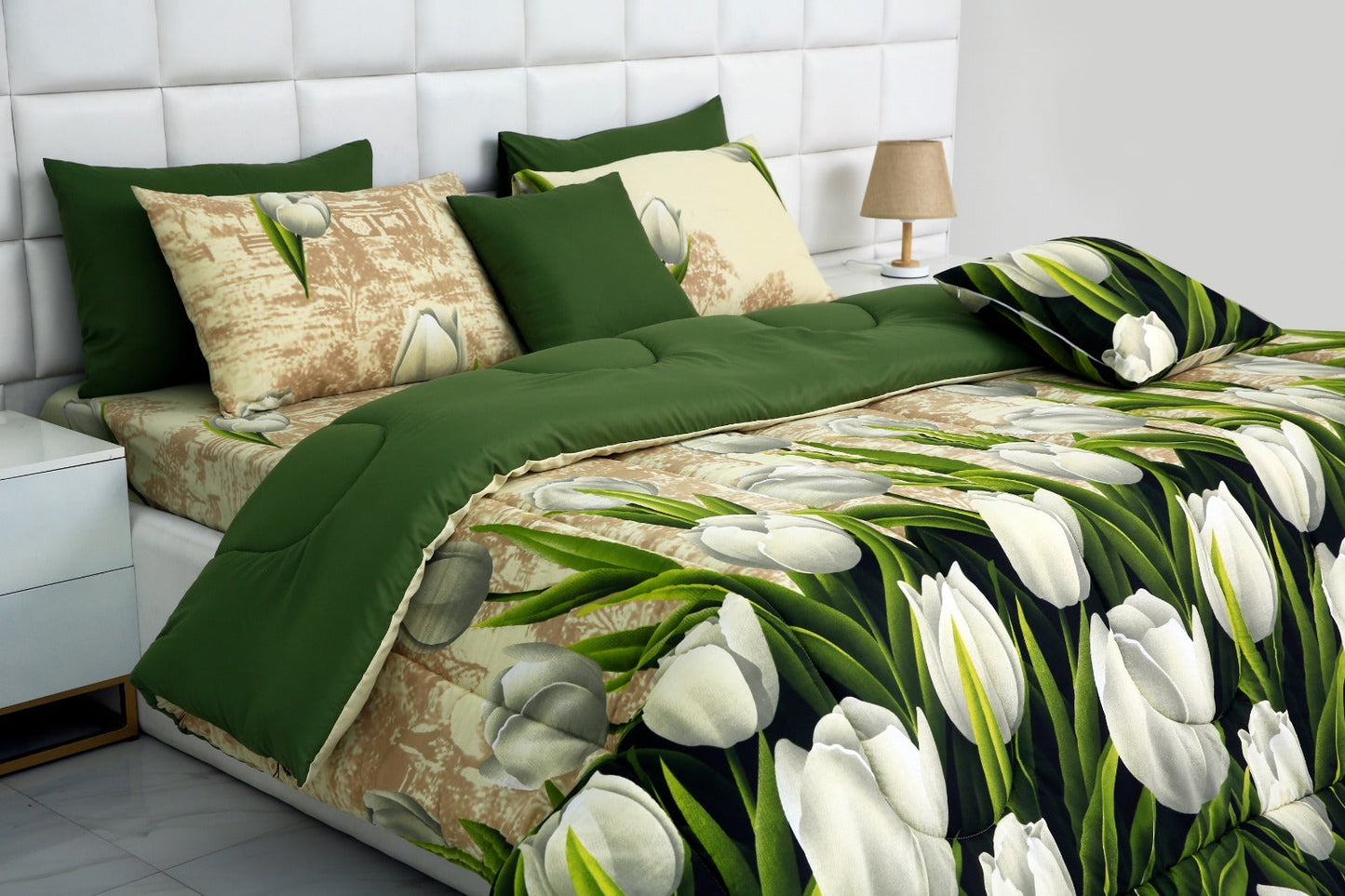8 PCs Winter Razai Set-Tulip Green Comforters Apricot