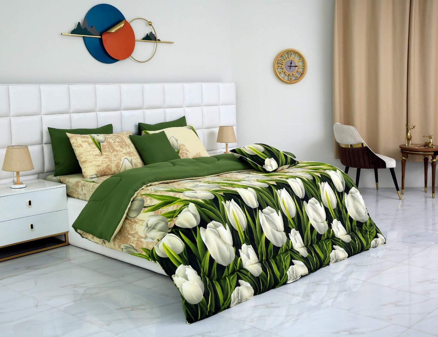 8 PCs Winter Razai Set-Tulip Green Comforters Apricot