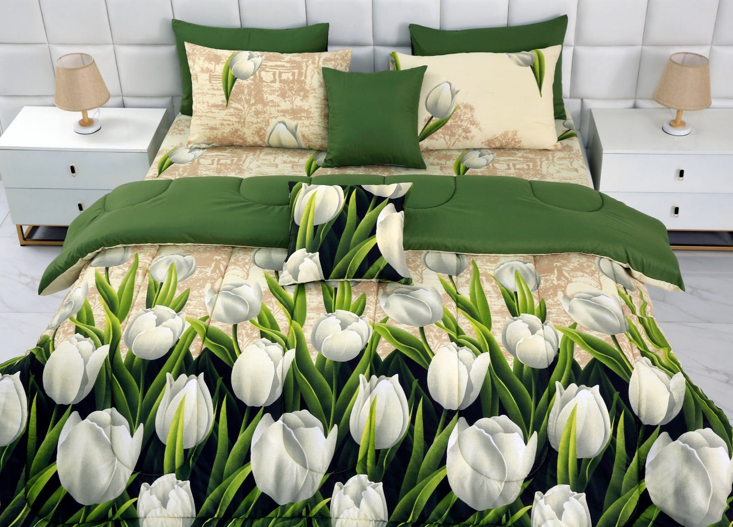 8 PCs Winter Razai Set-Tulip Green Comforters Apricot