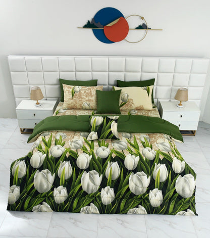 8 PCs Winter Razai Set-Tulip Green Comforters Apricot