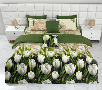 8 PCs Winter Razai Set-Tulip Green Comforters Apricot