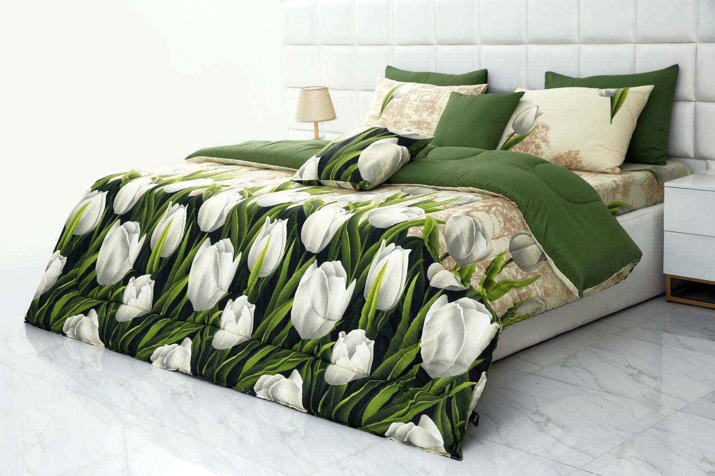 8 PCs Winter Razai Set-Tulip Green Comforters Apricot