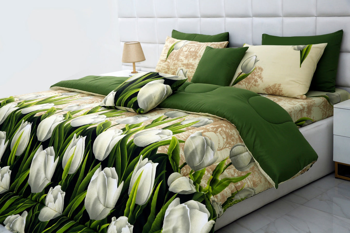 8 PCs Winter Razai Set-Tulip Green Comforters Apricot