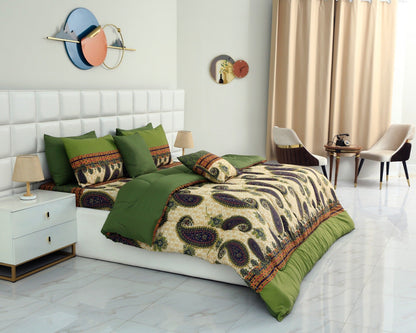 8 PCs Winter Comforter Set-Green Paisley Comforters Apricot