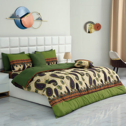8 PCs Winter Comforter Set-Green Paisley Comforters Apricot