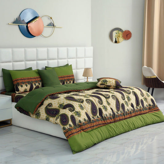 8 PCs Winter Comforter Set-Green Paisley Comforters Apricot
