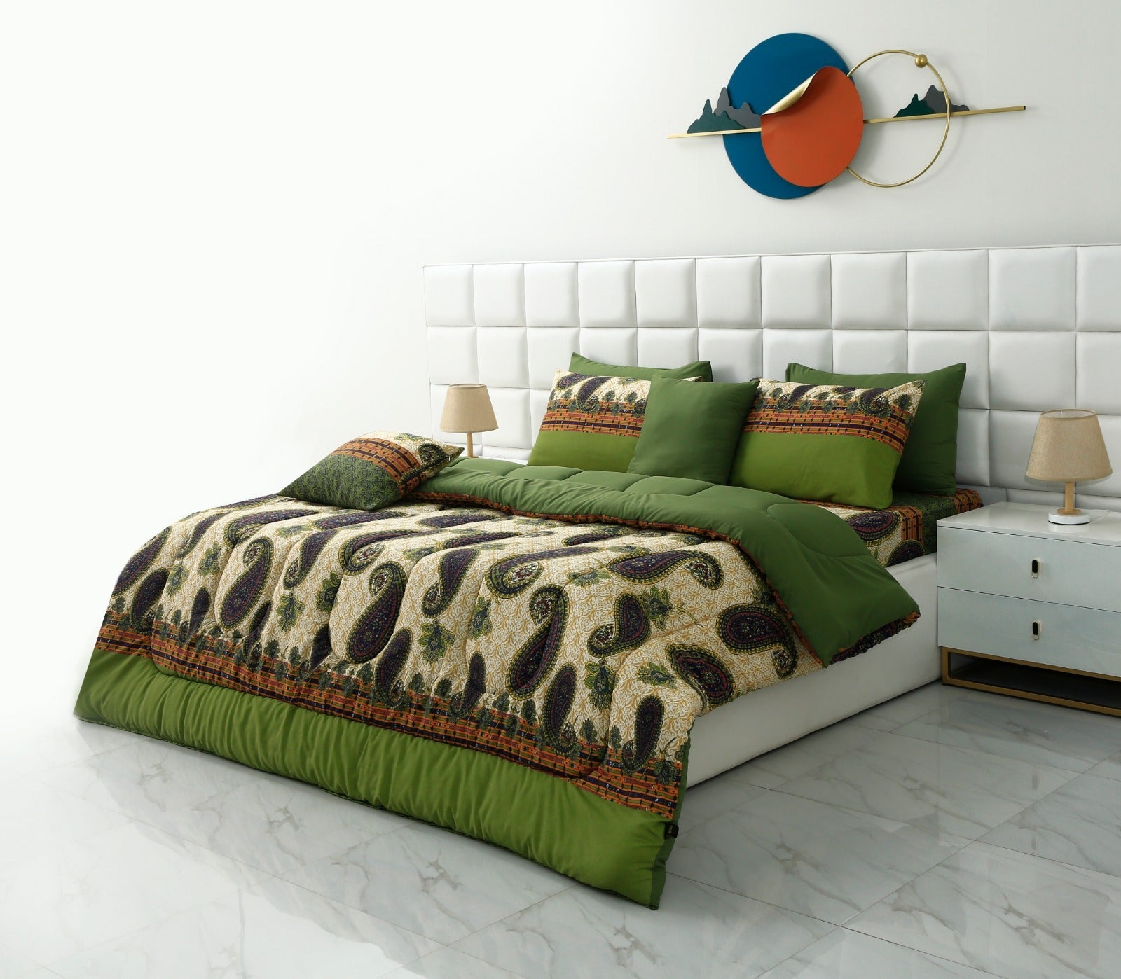 8 PCs Winter Comforter Set-Green Paisley Comforters Apricot