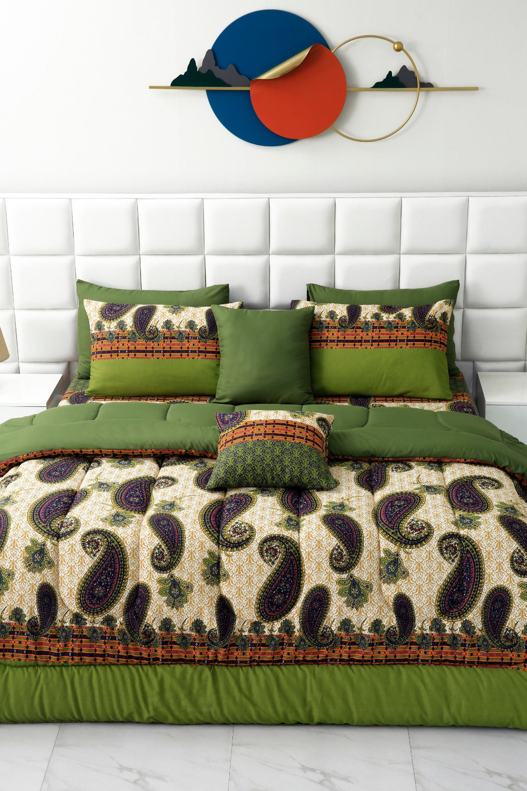8 PCs Winter Comforter Set-Green Paisley Comforters Apricot