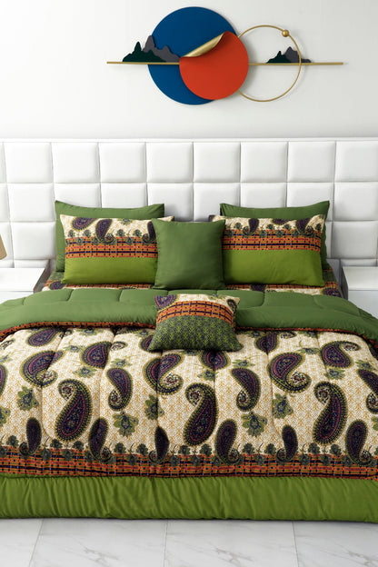 8 PCs Winter Comforter Set-Green Paisley Comforters Apricot