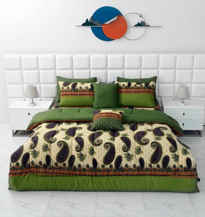 8 PCs Winter Comforter Set-Green Paisley Comforters Apricot