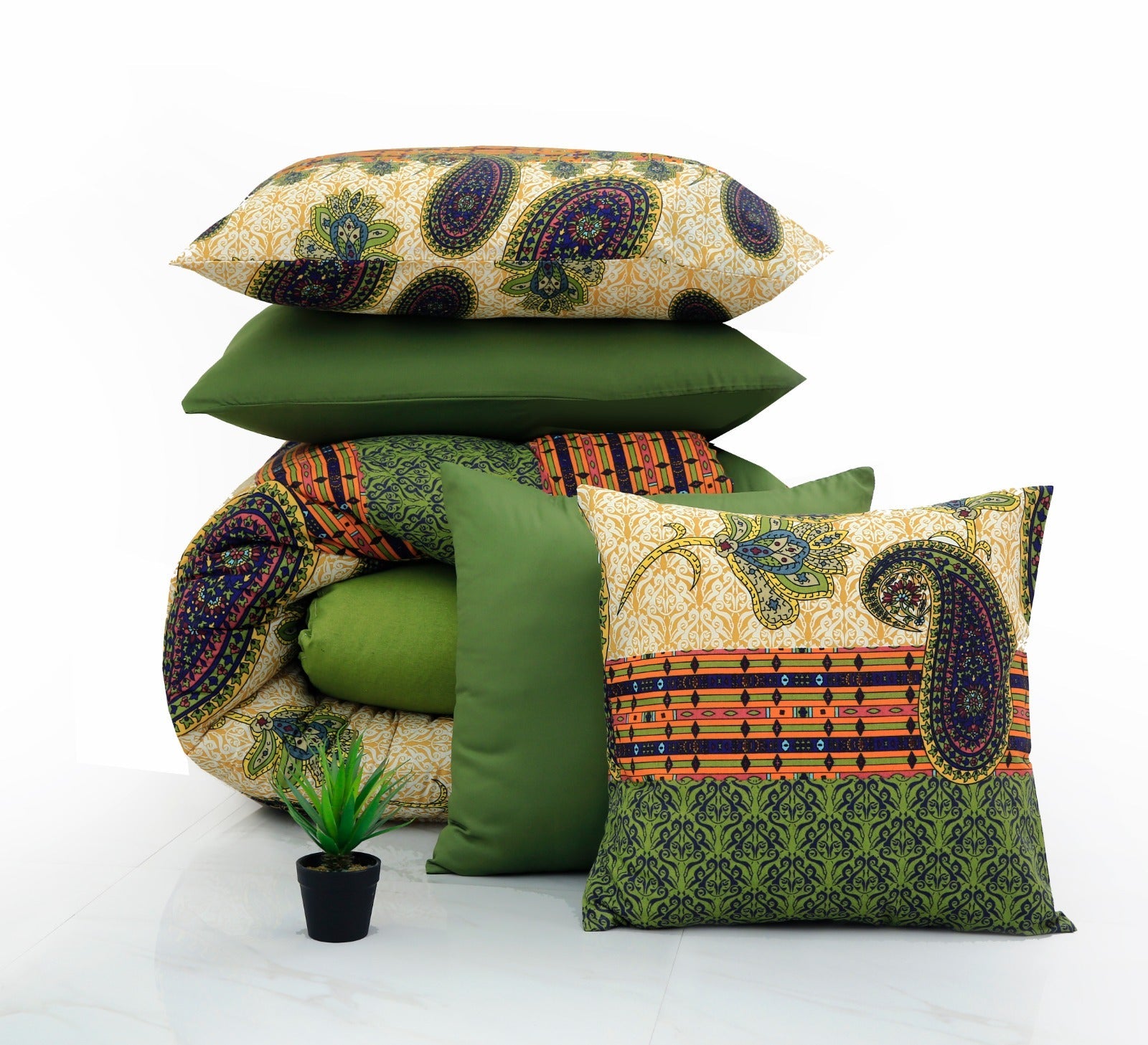 8 PCs Winter Comforter Set-Green Paisley Comforters Apricot