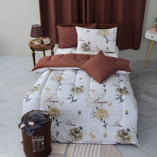 5 PCs Single Comforter Set-Brown Flowers Comforters Apricot