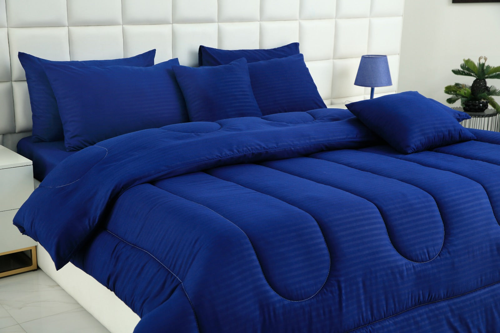 8 PCs Winter Comforter Set-Blue Satin Stripe Comforters Apricot