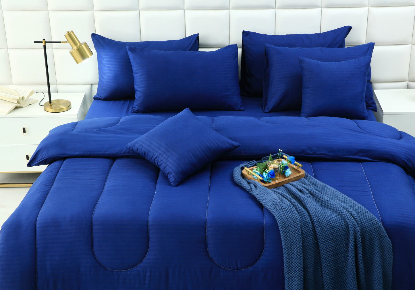 8 PCs Winter Comforter Set-Blue Satin Stripe Comforters Apricot
