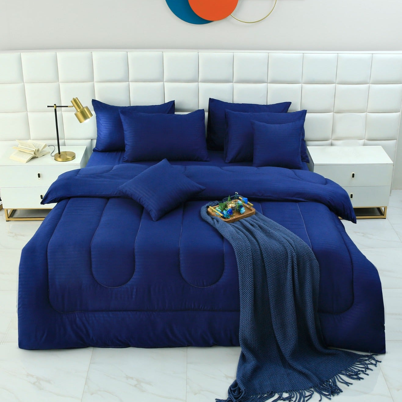 8 PCs Winter Comforter Set-Blue Satin Stripe Comforters Apricot