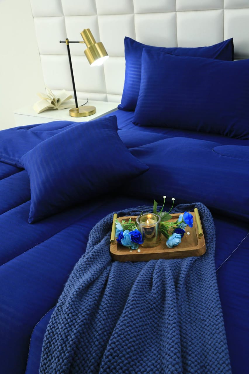 8 PCs Winter Comforter Set-Blue Satin Stripe Comforters Apricot