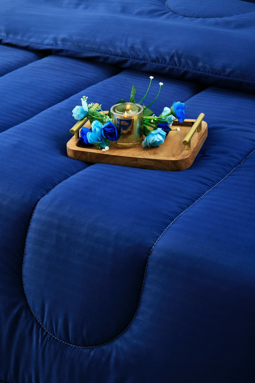 8 PCs Winter Comforter Set-Blue Satin Stripe Comforters Apricot