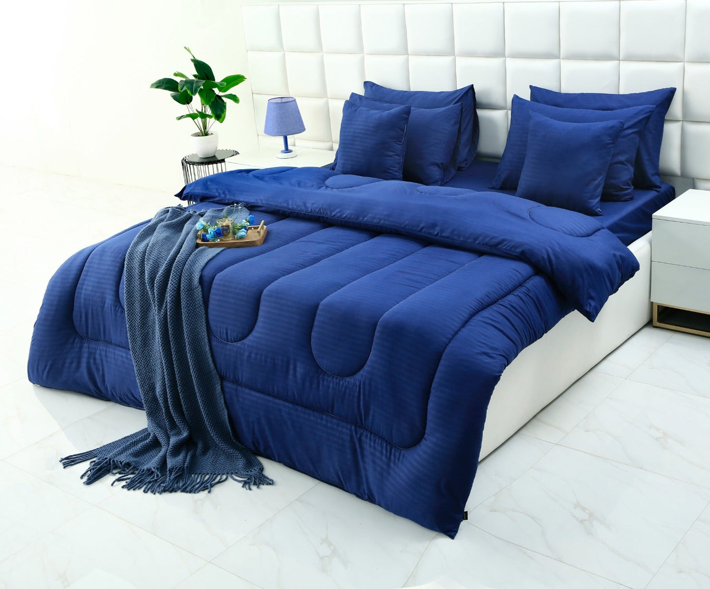 8 PCs Winter Comforter Set-Blue Satin Stripe Comforters Apricot