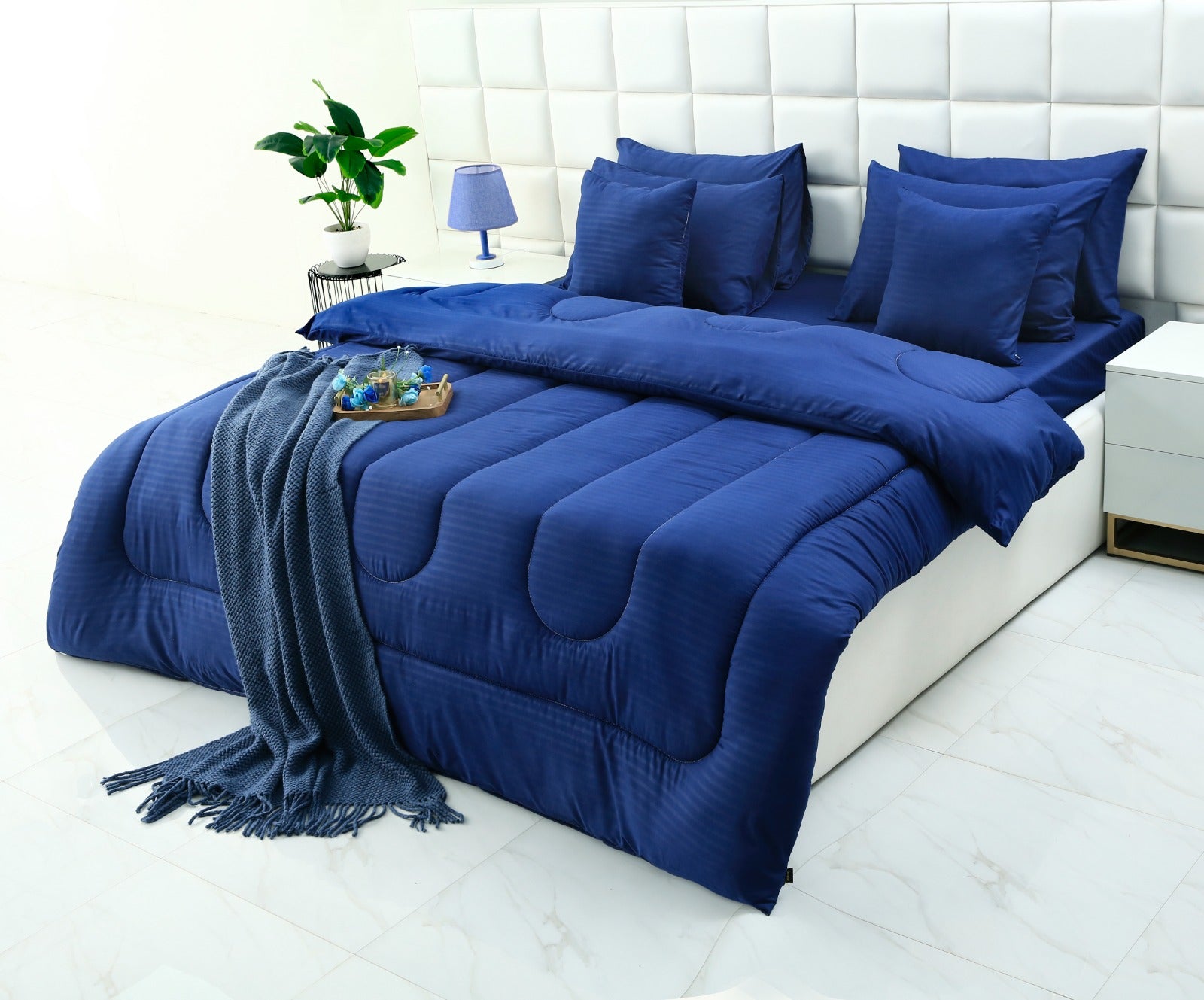 8 PCs Winter Razai Set-Dyed Navy Blue Comforters Apricot