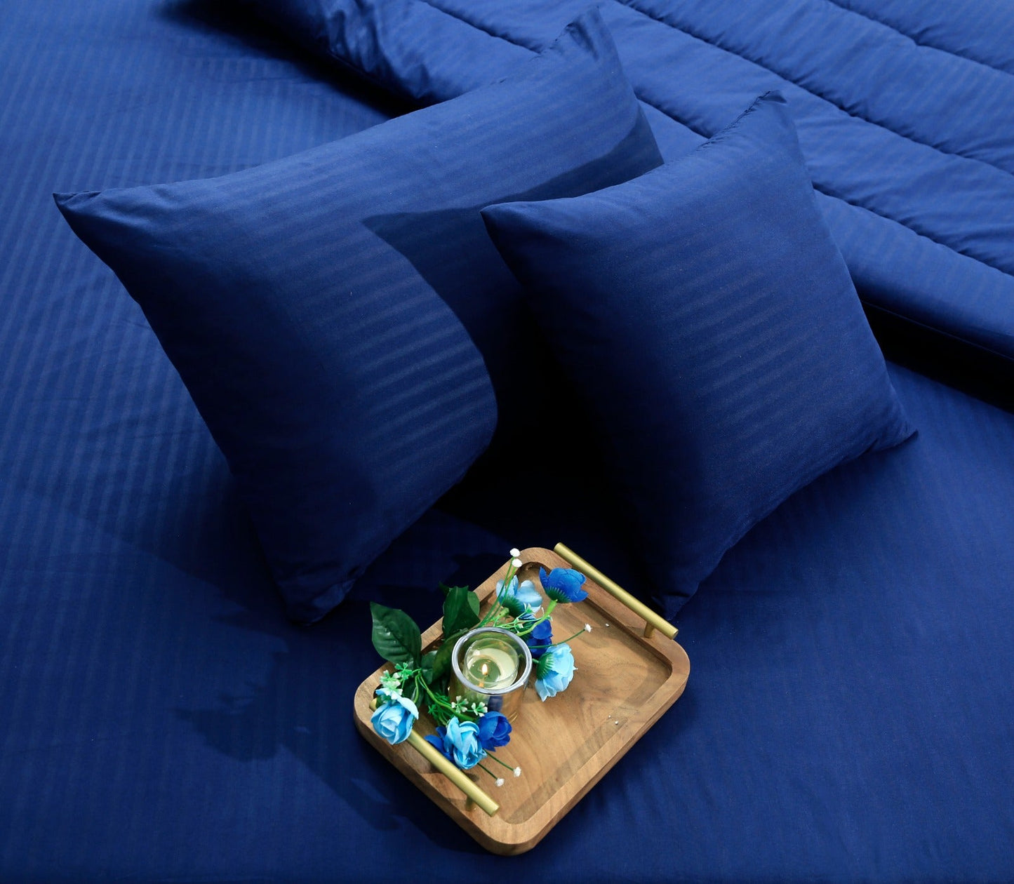 8 PCs Winter Comforter Set-Blue Satin Stripe Comforters Apricot