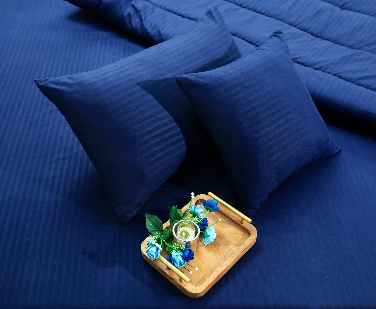 8 PCs Winter Comforter Set-Blue Satin Stripe Comforters Apricot