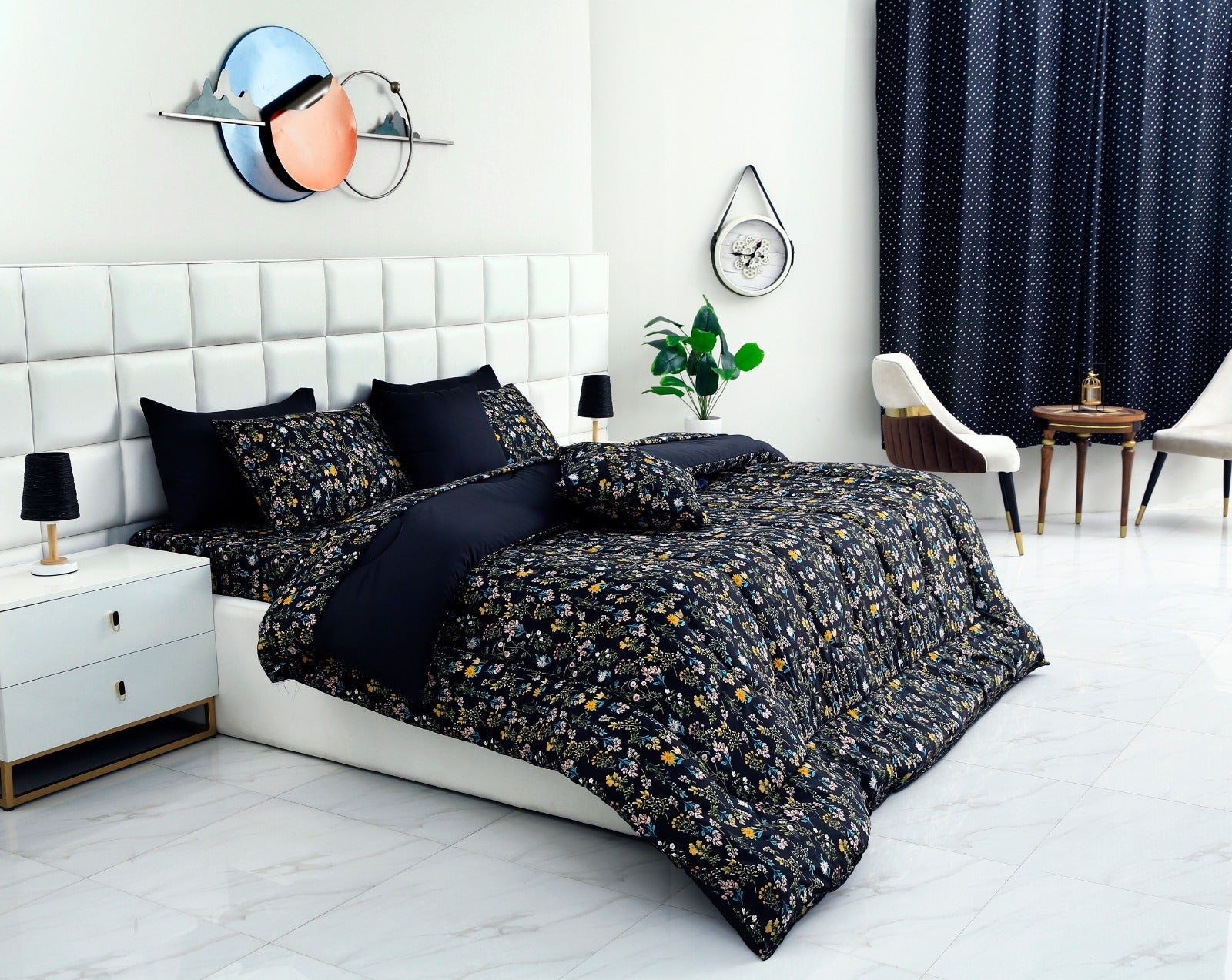 8 PCs Winter Razai Set-Black Meadows Comforters Apricot