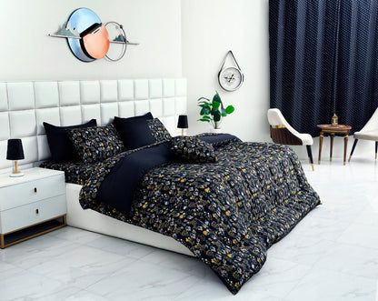 8 PCs Winter Razai Set-Black Meadows Comforters Apricot