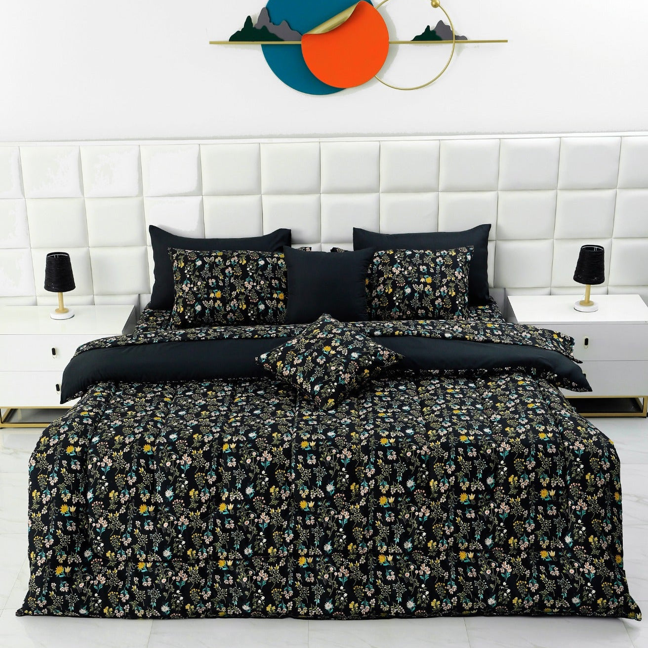 8 PCs Winter Razai Set-Black Meadows Comforters Apricot