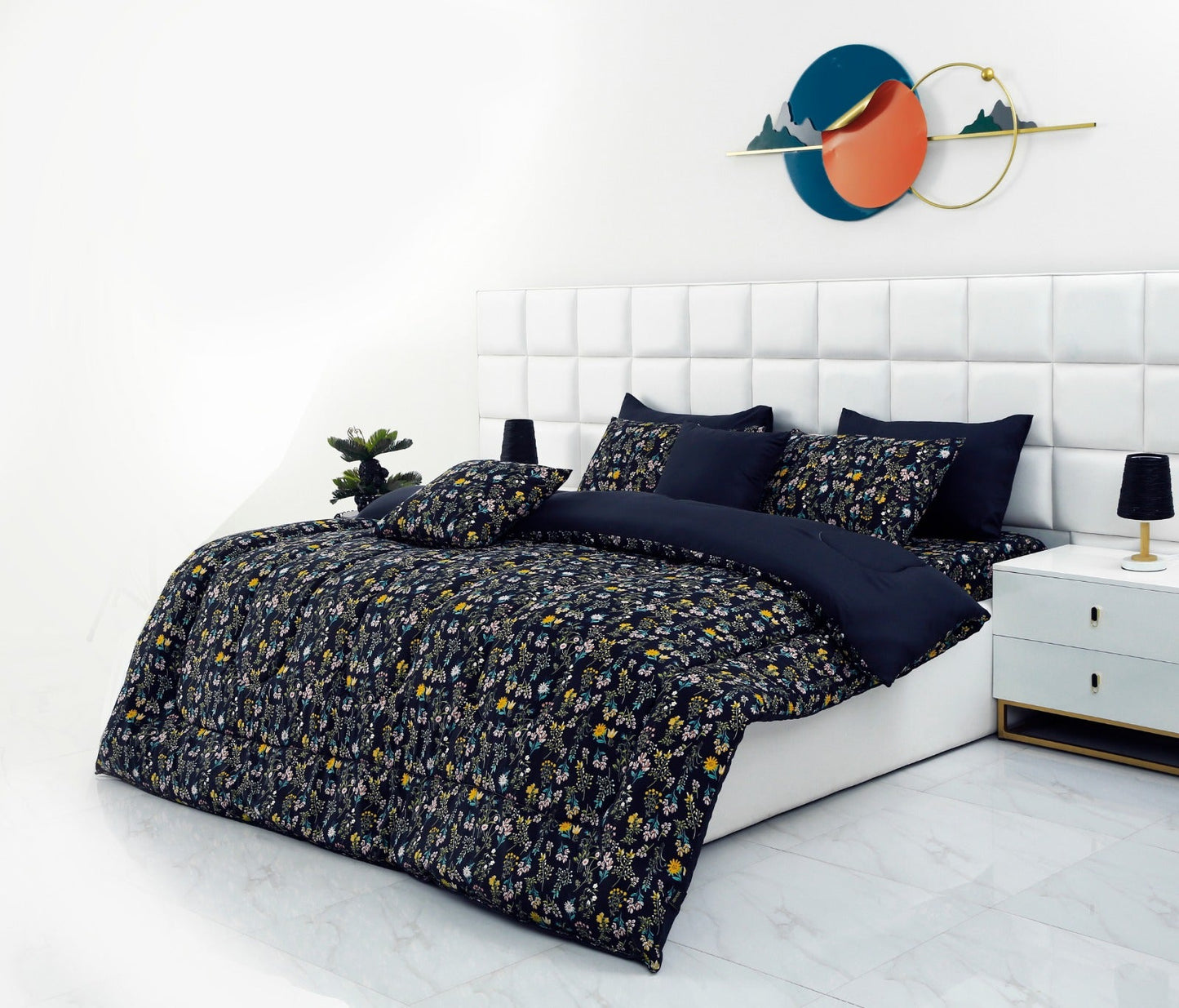 8 PCs Winter Razai Set-Black Meadows Comforters Apricot