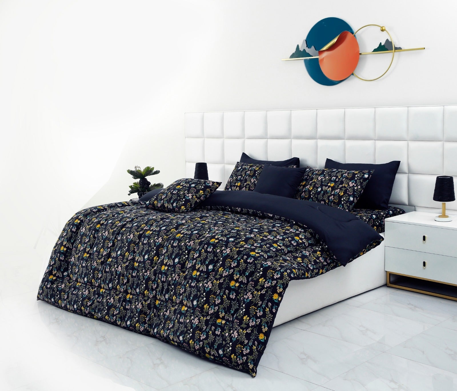 8 PCs Winter Razai Set-Black Meadows Comforters Apricot