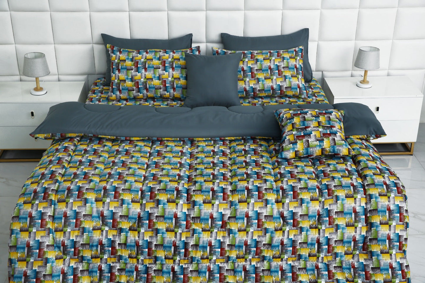 8 PCs Winter Comforter Set-Multi Ombre (Grey Reverse) Comforters Apricot