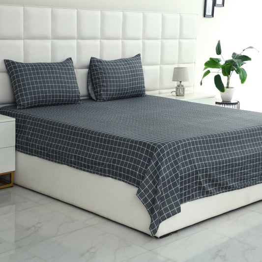 3 PCs Double Bed Sheet-Grey Check Bed Sheets Apricot