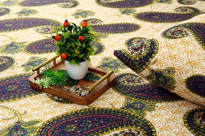3 PCs Double Bed Sheet-Green Paisleys Bed Sheets Apricot