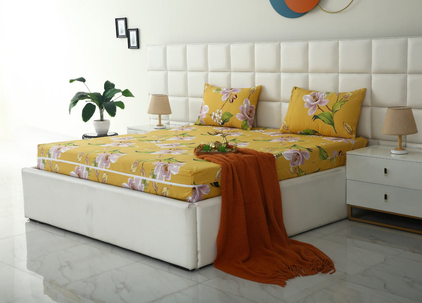 Zipper Mattress Cover Printed-Hibiscus Protectors Apricot