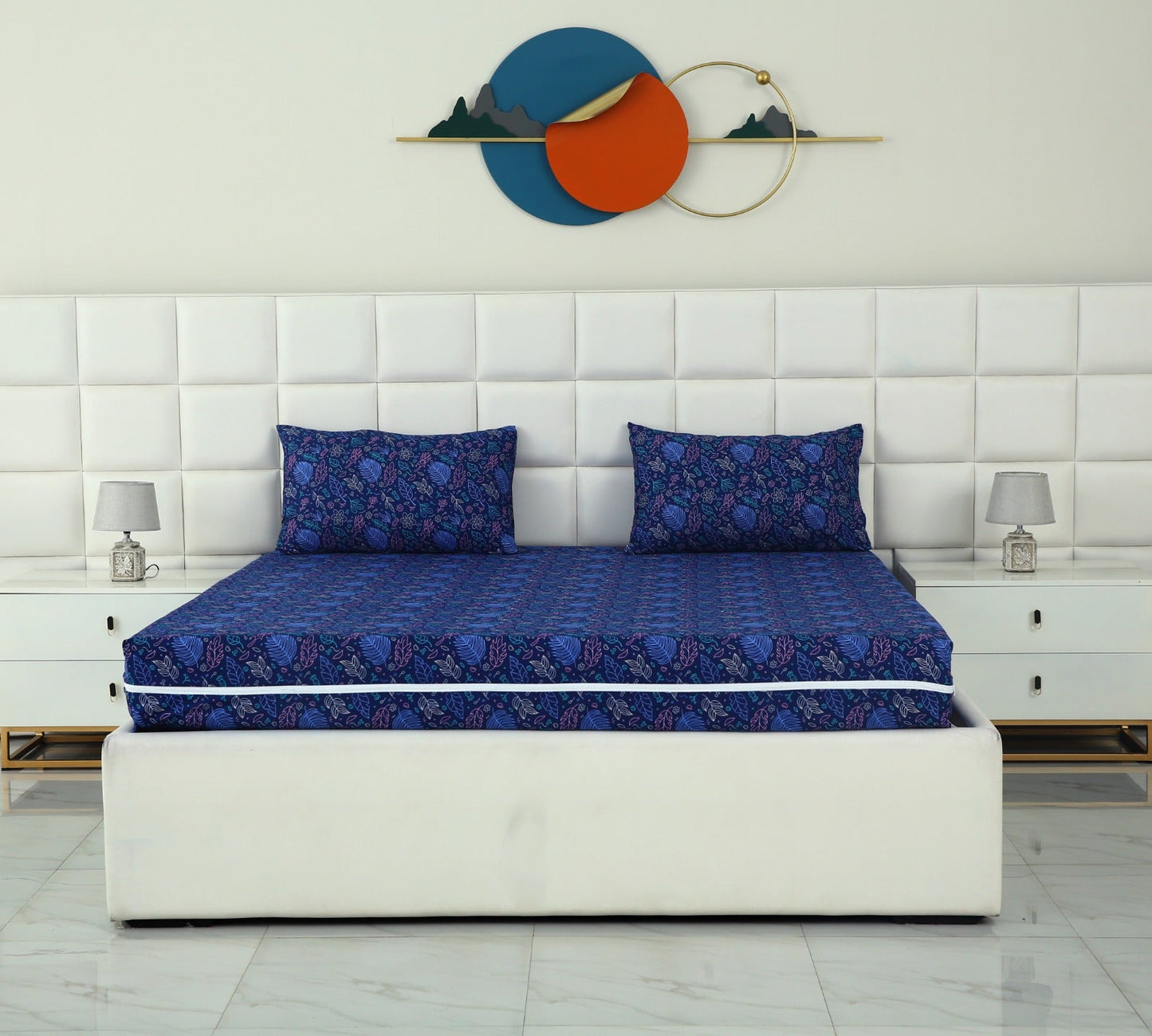 Zipper Mattress Cover Printed-Blue Lilly Protectors Apricot