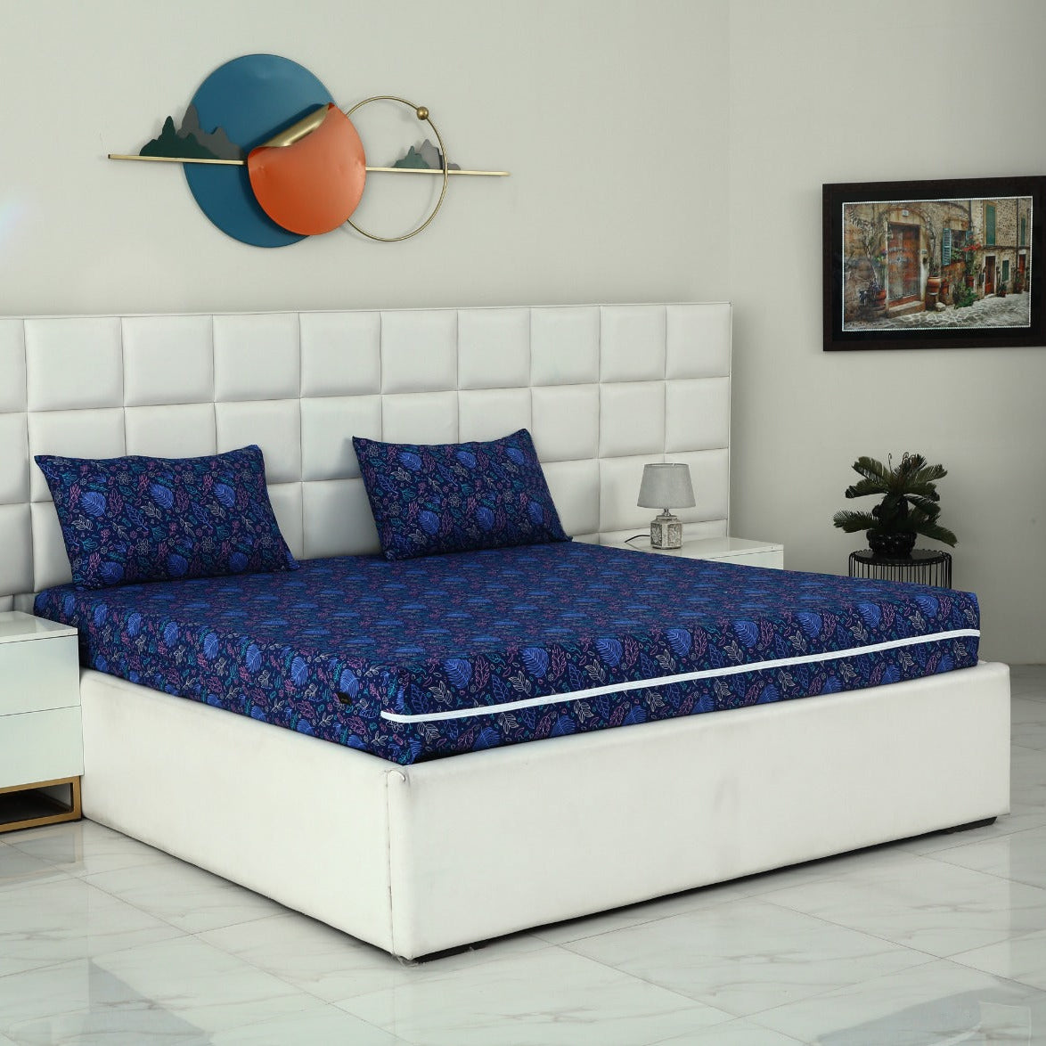 Zipper Mattress Cover Printed-Blue Lilly Protectors Apricot