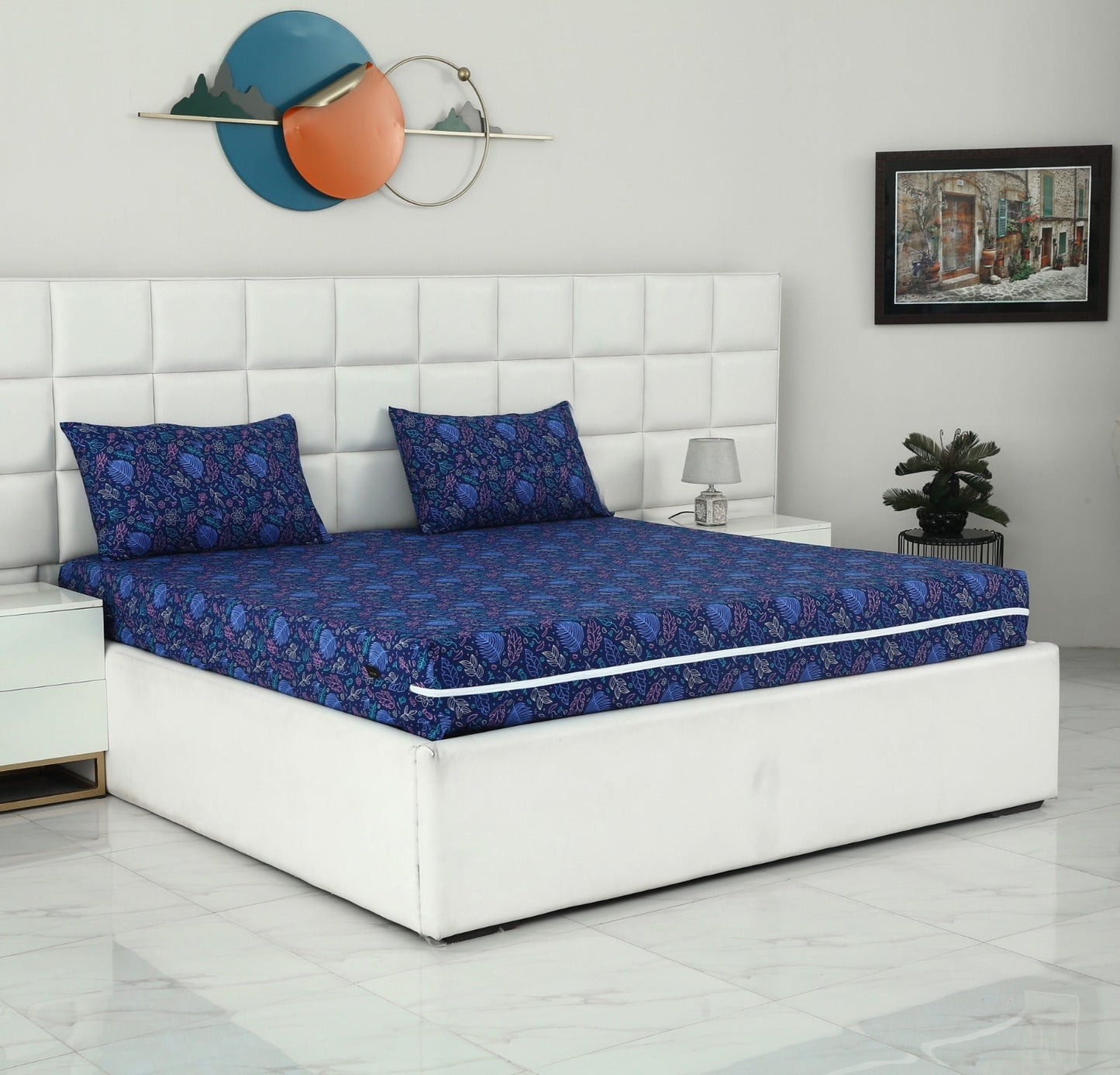 Zipper Mattress Cover Printed-Blue Lilly Protectors Apricot